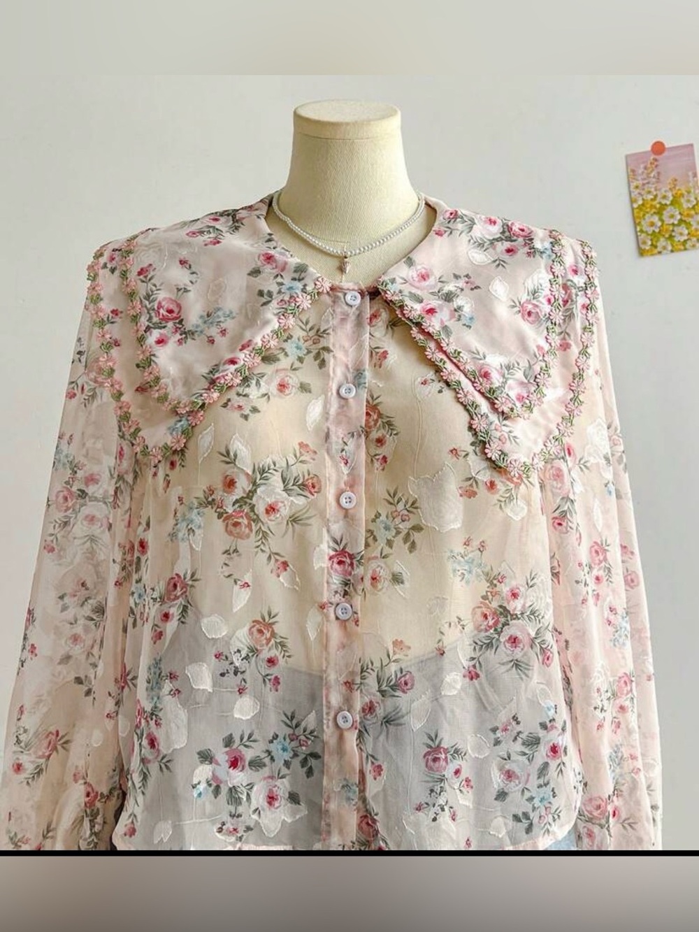 Sheer Floral Button-Front Blouse in Light Pink